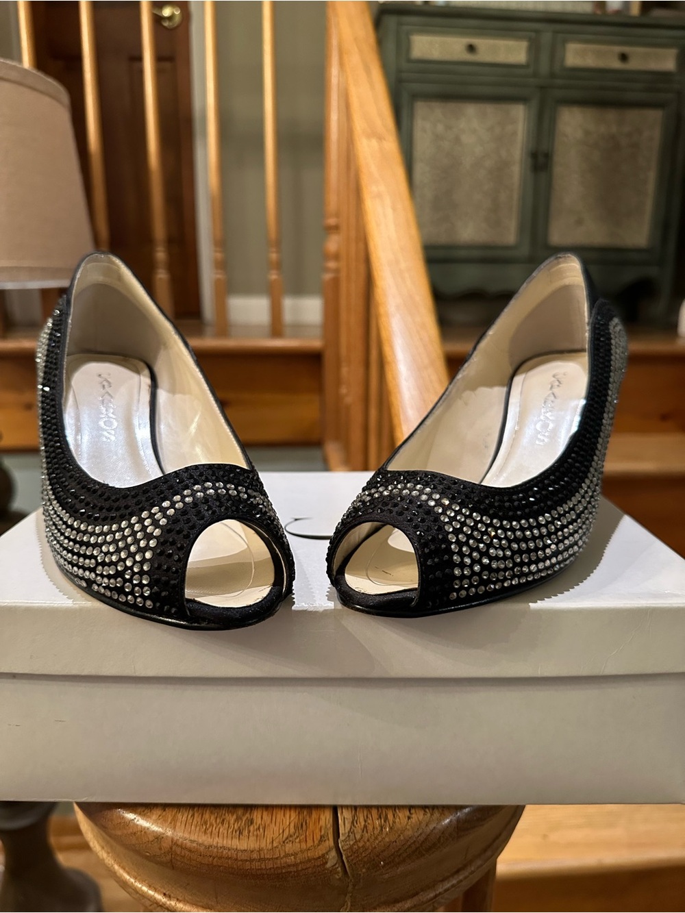 Caparros Black Crystal Peep-Toe Heels